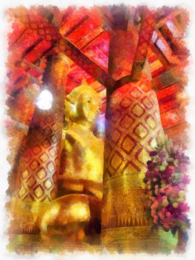 Antik Buda heykeli Luang Pho To ya da Phra Buddha Trai Rattana Nayok stili sanat U-Thong suluboya resim ressamı.