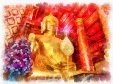 Antik Buda heykeli Luang Pho To ya da Phra Buddha Trai Rattana Nayok stili sanat U-Thong suluboya resim ressamı.