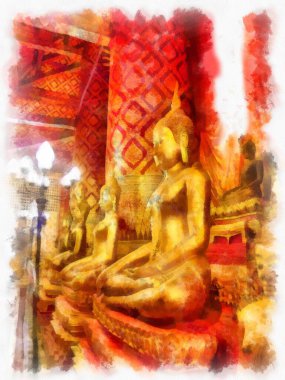 Buda heykeli suluboya resim çizimi.