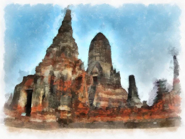 Landscape Ancient Ruins Ayutthaya World Heritage Watercolor Painting Impressionist Painting — Stock Photo, Image