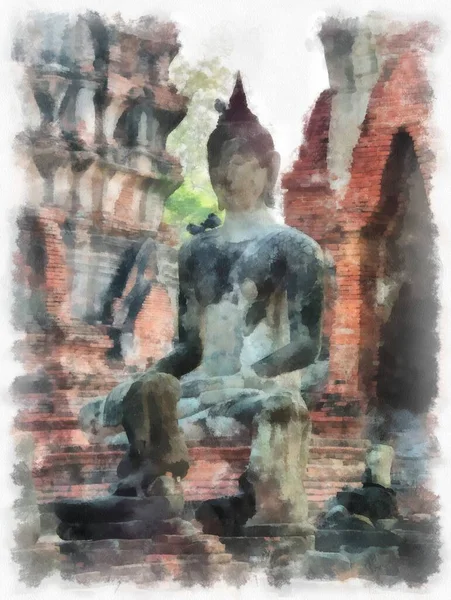 Paysage Ruines Antiques Dans Ayutthaya Peinture Aquarelle Patrimoine Mondial Peinture — Photo