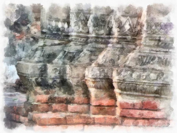 Ayutthaya Dünya Mirası Ndaki Antik Harabelerin Manzarası Suluboya Resim Empresyonisti — Stok fotoğraf