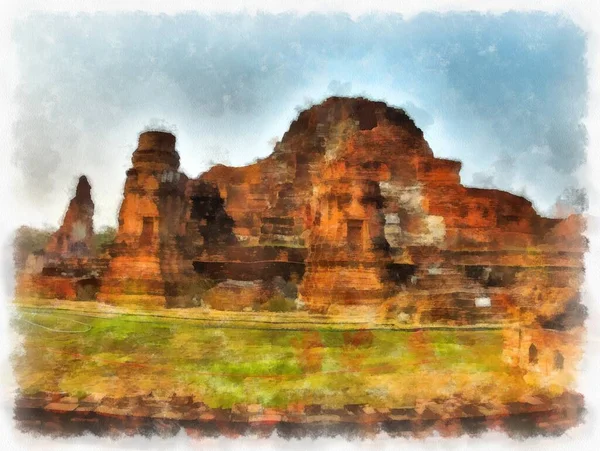 Paysage Ruines Antiques Dans Ayutthaya Peinture Aquarelle Patrimoine Mondial Peinture — Photo