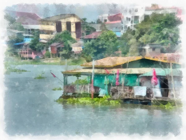 Paysage Fluvial Dans Les Provinces Thaïlande Aquarelle Style Illustration Peinture — Photo