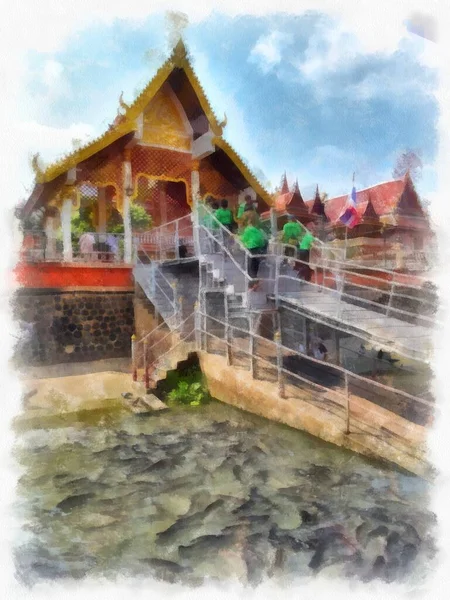 泰国古代建筑滨水亭水彩画风格图解 — 图库照片