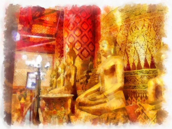 Статуя Будди Акварель Стиль Ілюстрація Імпресіоністський Живопис — стокове фото