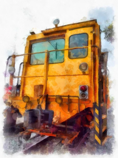 機関車のメンテナンス黄色の鉄道水彩スタイルのイラスト印象派絵画 — ストック写真
