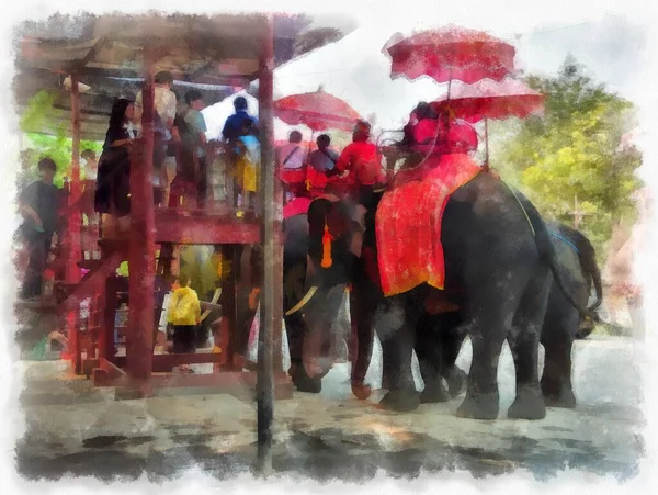 Elefante Estilo Tailandês Aquarela Ilustração Impressionista Pintura — Fotografia de Stock