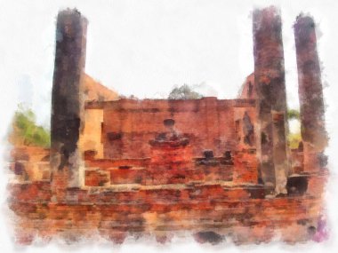 Ayutthaya Dünya Mirası 'ndaki antik harabelerin manzarası suluboya resim empresyonisti.