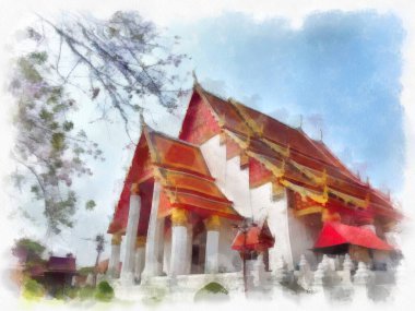 Ayutthaya Dünya Mirası 'ndaki antik harabelerin manzarası suluboya resim empresyonisti.