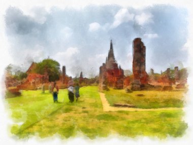 Ayutthaya Dünya Mirası 'ndaki antik harabelerin manzarası suluboya resim empresyonisti.