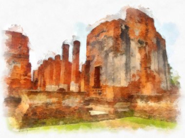 Ayutthaya Dünya Mirası 'ndaki antik harabelerin manzarası suluboya resim empresyonisti.