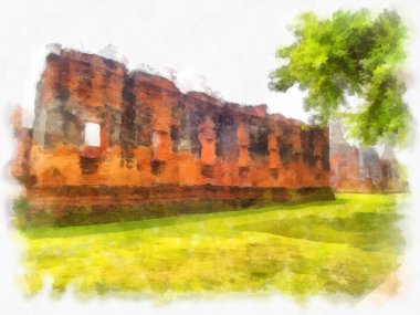 Ayutthaya Dünya Mirası 'ndaki antik harabelerin manzarası suluboya resim empresyonisti.