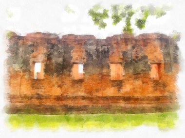 Ayutthaya Dünya Mirası 'ndaki antik harabelerin manzarası suluboya resim empresyonisti.