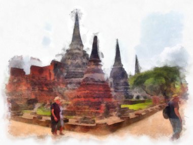 Ayutthaya Dünya Mirası 'ndaki antik harabelerin manzarası suluboya resim empresyonisti.