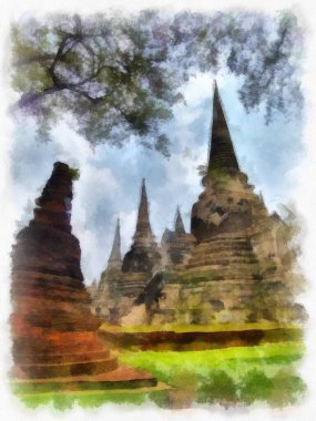 Ayutthaya Dünya Mirası 'ndaki antik harabelerin manzarası suluboya resim empresyonisti.