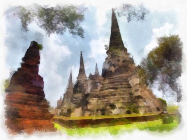Ayutthaya Dünya Mirası 'ndaki antik harabelerin manzarası suluboya resim empresyonisti.