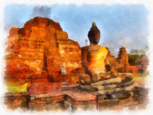 Paysage Ruines Antiques Dans Ayutthaya Peinture Aquarelle Patrimoine Mondial Peinture — Photo