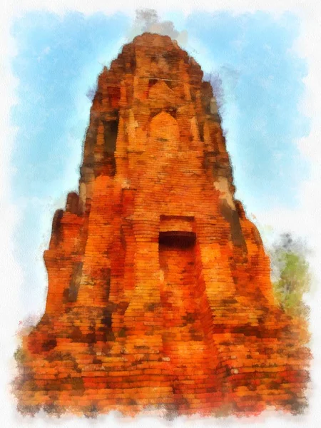 Landschap Van Oude Ruïnes Ayutthaya World Heritage Aquarel Schilderen Impressionistische — Stockfoto