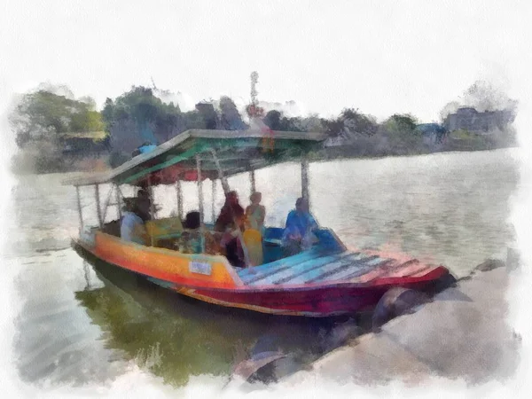 Wooden Boats Crossing River Watercolor Style Illustration Impressionist Painting — Stock Photo, Image