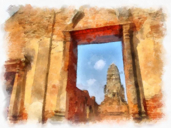 Landschap Van Oude Ruïnes Ayutthaya World Heritage Aquarel Schilderen Impressionistische — Stockfoto