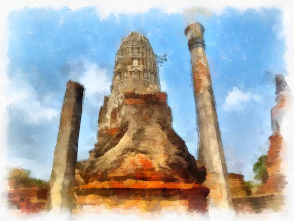 Landscape Ancient Ruins Ayutthaya World Heritage Watercolor Painting Impressionist Painting — Stock Photo, Image