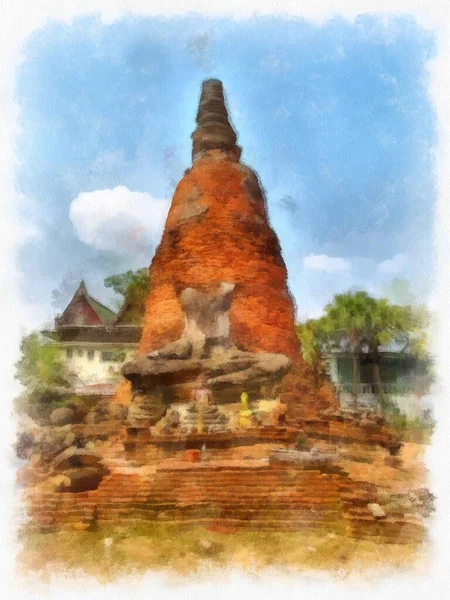 Ayutthaya Dünya Mirası Ndaki Antik Harabelerin Manzarası Suluboya Resim Empresyonisti — Stok fotoğraf