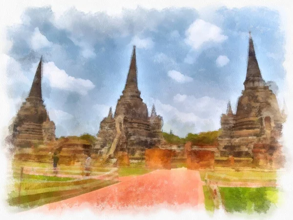 Paesaggio Antiche Rovine Ayutthaya Patrimonio Dell Umanità Pittura Acquerello Pittura — Foto Stock
