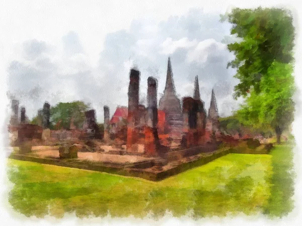 Landscape Ancient Ruins Ayutthaya World Heritage Watercolor Painting Impressionist Painting — Stock Photo, Image
