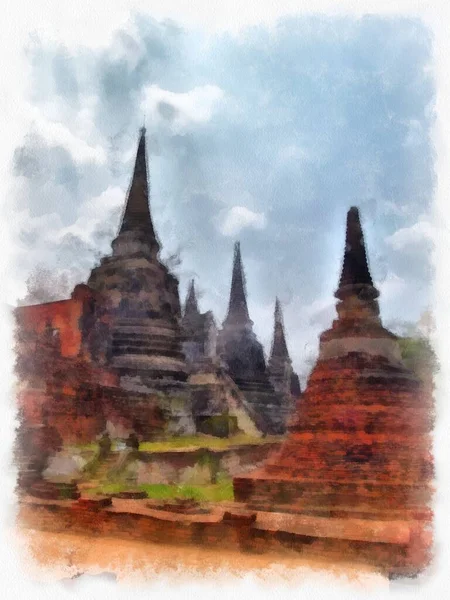 Krajobraz Starożytnych Ruin Ayutthaya World Heritage Malarstwo Akwarelowe Impresjonistyczne — Zdjęcie stockowe