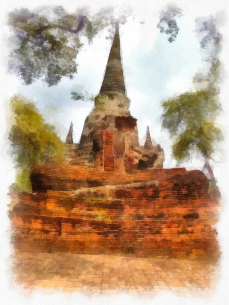 Krajobraz Starożytnych Ruin Ayutthaya World Heritage Malarstwo Akwarelowe Impresjonistyczne — Zdjęcie stockowe