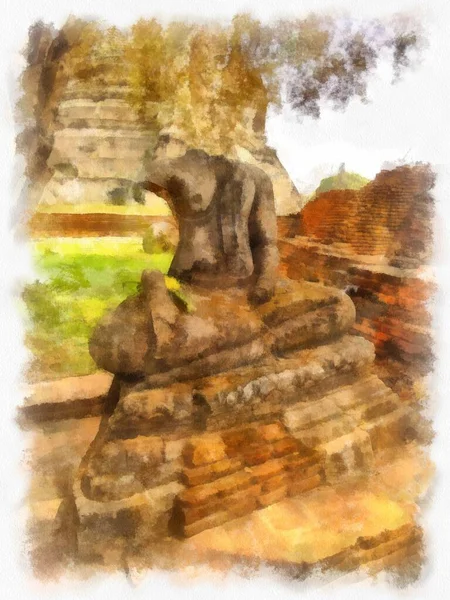 Lanskap Reruntuhan Kuno Ayutthaya Warisan Dunia Lukisan Cat Air Impresionist — Stok Foto