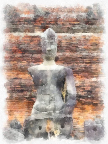 Krajobraz Starożytnych Ruin Ayutthaya World Heritage Malarstwo Akwarelowe Impresjonistyczne Obrazek Stockowy