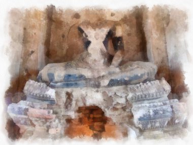 Ayutthaya Dünya Mirası 'ndaki antik harabelerin manzarası suluboya resim empresyonisti.