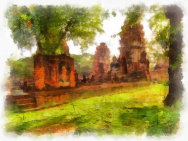 Ayutthaya Dünya Mirası 'ndaki antik harabelerin manzarası suluboya resim empresyonisti.