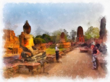 Ayutthaya Dünya Mirası 'ndaki antik harabelerin manzarası suluboya resim empresyonisti.