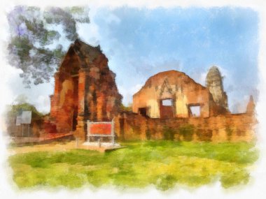 Ayutthaya Dünya Mirası 'ndaki antik harabelerin manzarası suluboya resim empresyonisti.