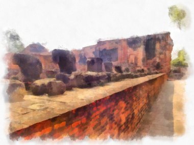 Ayutthaya Dünya Mirası 'ndaki antik harabelerin manzarası suluboya resim empresyonisti.