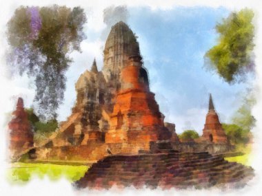 Ayutthaya Dünya Mirası 'ndaki antik harabelerin manzarası suluboya resim empresyonisti.