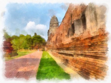 Ayutthaya Dünya Mirası 'ndaki antik harabelerin manzarası suluboya resim empresyonisti.