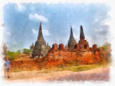 Ayutthaya Dünya Mirası 'ndaki antik harabelerin manzarası suluboya resim empresyonisti.