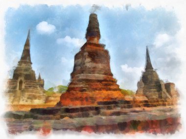 Ayutthaya Dünya Mirası 'ndaki antik harabelerin manzarası suluboya resim empresyonisti.
