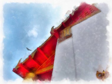 Ayutthaya Dünya Mirası 'ndaki antik harabelerin manzarası suluboya resim empresyonisti.