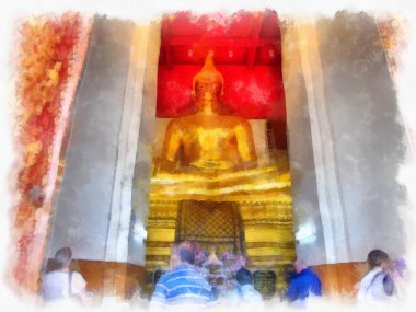 Ayutthaya Dünya Mirası 'ndaki antik harabelerin manzarası suluboya resim empresyonisti.