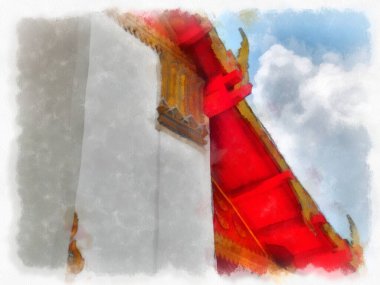 Ayutthaya Dünya Mirası 'ndaki antik harabelerin manzarası suluboya resim empresyonisti.