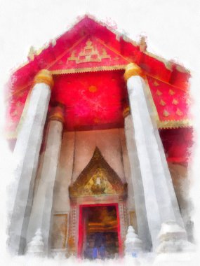 Ayutthaya Dünya Mirası 'ndaki antik harabelerin manzarası suluboya resim empresyonisti.