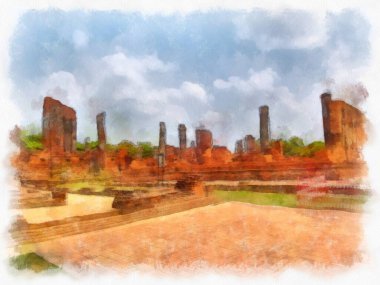 Ayutthaya Dünya Mirası 'ndaki antik harabelerin manzarası suluboya resim empresyonisti.