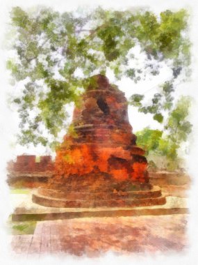 Ayutthaya Dünya Mirası 'ndaki antik harabelerin manzarası suluboya resim empresyonisti.