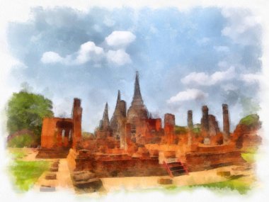 Ayutthaya Dünya Mirası 'ndaki antik harabelerin manzarası suluboya resim empresyonisti.