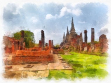Ayutthaya Dünya Mirası 'ndaki antik harabelerin manzarası suluboya resim empresyonisti.
